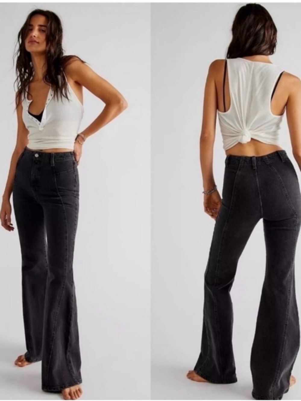 Free People We The Free Florence Wide Leg Flare Jeans Black High Rise Seam